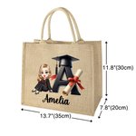 Personalized Cartoon Grad Hat Girl Initial Large Jute Tote Bag with Name Graduation Souvenir Birthday Gift for Women