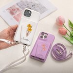 Personalised Birth Flower Crossbody Leather Name Phone Case for iPhone with Long Shoulder Strap and Card Holder Birthday Holiday Gift for Women Girls