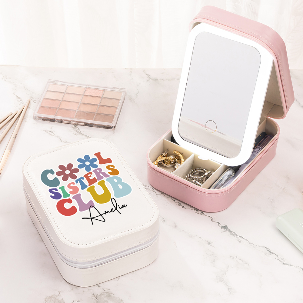 Boîte à bijoux personnalisée en cuir avec miroir de maquillage ajustable à LED trois couleurs Cadeau d'anniversaire pour sœur