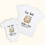 Personalized Our First Mother’s Day Sloth Baby Onesie and Mommy Matching T-Shirt with Names and Year Gift for Baby New Mom