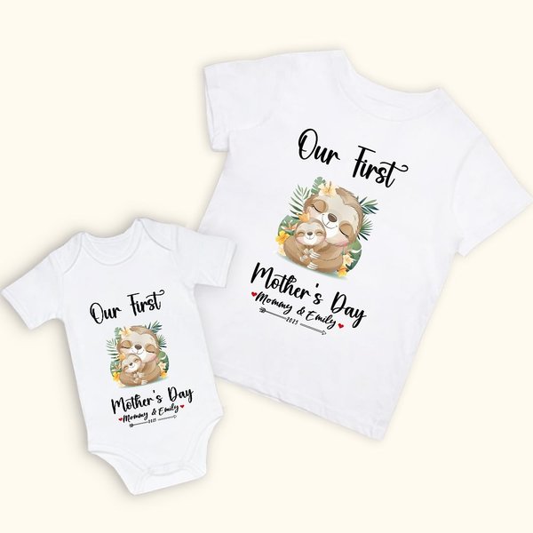 Personalized Our First Mother’s Day Sloth Baby Onesie and Mommy Matching T-Shirt with Names and Year Gift for Baby New Mom