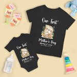 Personalized Our First Mother’s Day Sloth Baby Onesie and Mommy Matching T-Shirt with Names and Year Gift for Baby New Mom