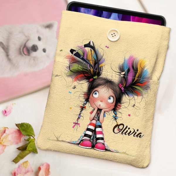 Funda protectora acolchada personalizada con botones y diseño único ideal como regalo de cumpleaños o regreso a clases para amantes de la lectura