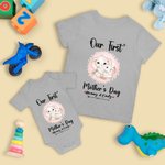 Ensemble T-shirt et Onesie pour bébé 100% coton avec motif d'éléphant personnalisé Notre premier cadeau de fête des mères pour le nouveau-né et la nouvelle maman