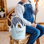 Personalisierter Gestreifter Karierter Osterkorb mit Hasenohren Kaninchen Eimertasche mit Besticktem Namen Ostern Eiersuche Party Geschenk für Kinder