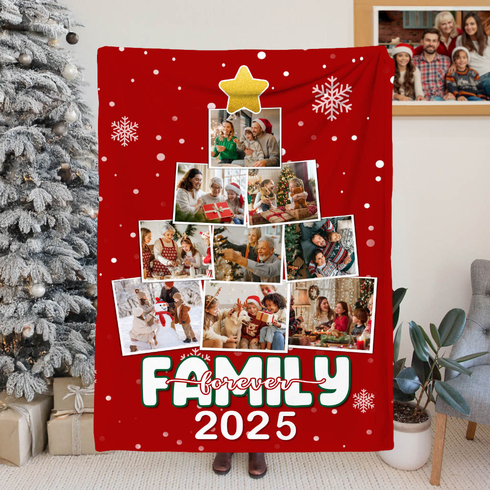 Couverture de Noël personnalisée avec 9 photos et l'année Décoration de la maison Cadeau de Noël pour la famille
