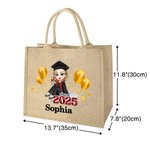 Personalized Cartoon Graduate Character Large Jute Tote Bag with Name Graduation Birthday Gift for Women Girls