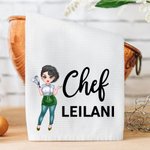 Personlig tecknad kvinnlig kockkaraktär 100% bomullsvåffelväv kökshandduk med namn bakning inflyttningspresent för kock matlagningsälskare