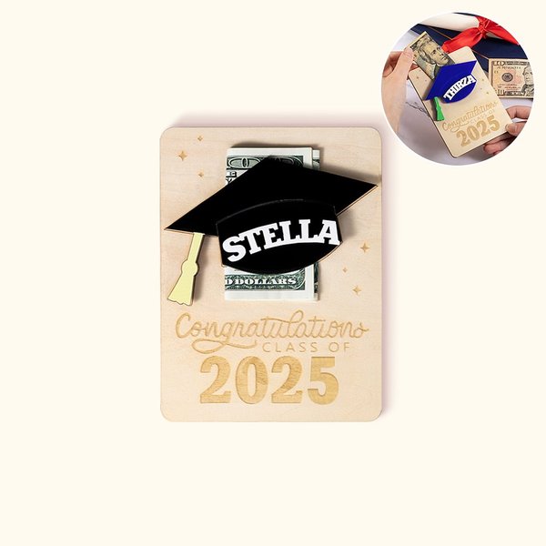Personalisierte Gratulation Graduation Cap hölzernen Geldhalter mit eingraviertem Namen und Text Geschenk für Klasse von 2025 Absolvent