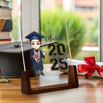Personlig tecknad Graduate Character LED-nattlampa med namn och träbas Hemmabordsdekoration Grattis Graduation Present till skolkamrater Vänner