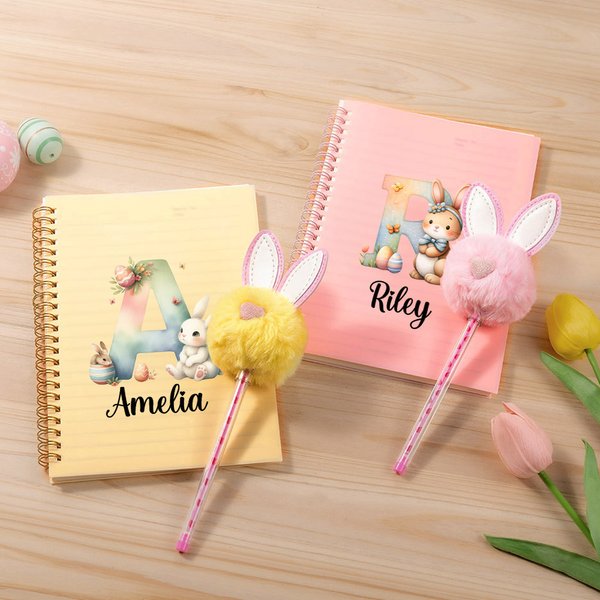 Personalised Watercolour Easter Bunny Egg Initial Name A5 Spiral Notebook and Pom Puff Pen Set with Lined Pages Birthday Easter Gift for Boys Girls