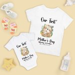 Personalized Our First Mother’s Day Sloth Baby Onesie and Mommy Matching T-Shirt with Names and Year Gift for Baby New Mom