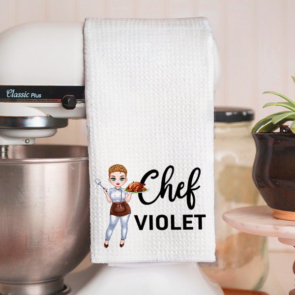 Personalized Cartoon Female Chef Character 100% Cotton Waffle Weave Kitchen Towel with Name Baking Housewarming Gift for Chef Cooking Lover