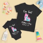 Personalized Our First Mother’s Day Dinosaur Baby Onesie and Mommy Matching T-Shirt with Names and Year Gift for Baby New Mom