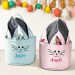Personalisierter Gestreifter Karierter Osterkorb mit Hasenohren Kaninchen Eimertasche mit Besticktem Namen Ostern Eiersuche Party Geschenk für Kinder