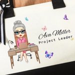 Gepersonaliseerde Vlinder Cartoon Zakelijk Vrouw Canvas Tas met Naam en Tekst Verjaardag Waardering Kantoorgeschenk voor Collega's Leiders