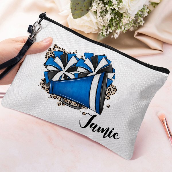 Megáfono de acuarela personalizado y bolsa de maquillaje con pompones, nombre y correa para la muñeca Regalo de animadora para mujer