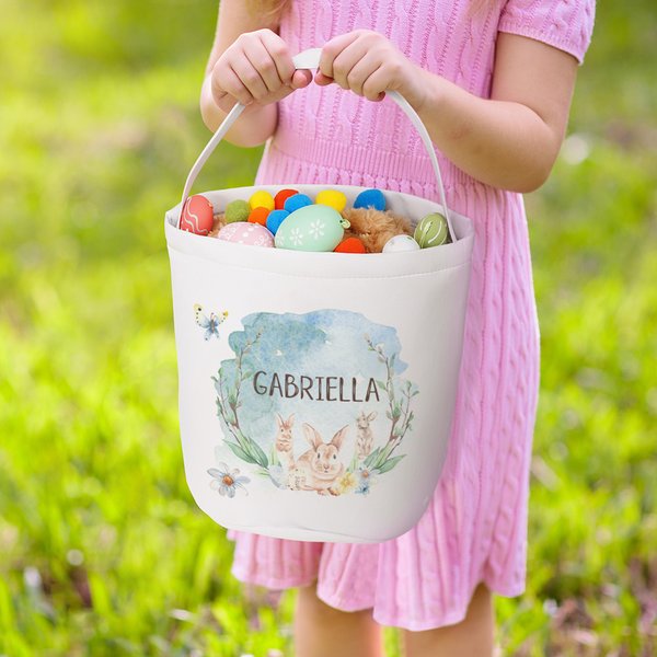 Gepersonaliseerde Waterverf Bunny Canvas Eiermand met Naam Feest Favoriet Paasgeschenk voor Kinderen