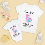 Personalized Our First Mother’s Day Dinosaur Baby Onesie and Mommy Matching T-Shirt with Names and Year Gift for Baby New Mom