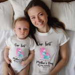 Personalized Our First Mother’s Day Dinosaur Baby Onesie and Mommy Matching T-Shirt with Names and Year Gift for Baby New Mom