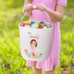 Personalized Colorful Floral Egg Cartoon Character Canvas Bucket Bag with Name Easter Egg Hunt Party Gift for Girls