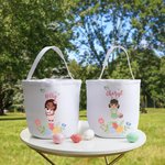 Personalized Colorful Floral Egg Cartoon Character Canvas Bucket Bag with Name Easter Egg Hunt Party Gift for Girls