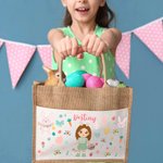 Gepersonaliseerde Bloemen Paaseieren Bunny Cartoon Karakter Grote Herbruikbare Draagtas met Naam Pasen Verjaardagscadeau voor Vrouwen Kinderen