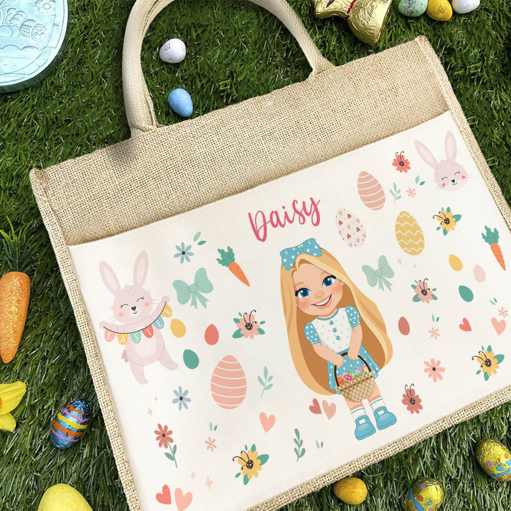 Sac fourre-tout réutilisable avec nom Oeuf de Pâques lapin de dessin animé personnalisé Cadeau d'anniversaire de Pâques pour femmes enfants