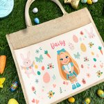 Gepersonaliseerde Bloemen Paaseieren Bunny Cartoon Karakter Grote Herbruikbare Draagtas met Naam Pasen Verjaardagscadeau voor Vrouwen Kinderen