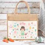 Gepersonaliseerde Bloemen Paaseieren Bunny Cartoon Karakter Grote Herbruikbare Draagtas met Naam Pasen Verjaardagscadeau voor Vrouwen Kinderen