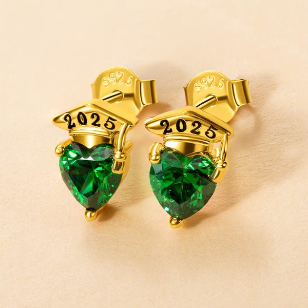 Personalized Graduation Cap Heart Birthstone Stud Earrings with Engraved Year and Earrings Display Card Graduation Birthday Gift for Women