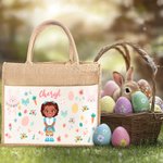 Gepersonaliseerde Bloemen Paaseieren Bunny Cartoon Karakter Grote Herbruikbare Draagtas met Naam Pasen Verjaardagscadeau voor Vrouwen Kinderen