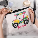 Personalized Colourful Golf Cart Linen Makeup Bag with Name and Wrist Strap Birthday Team Gift for Golf Lovers