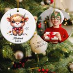 Personalised Cute Christmas Lights Highland Cow Double-sided Ceramic Ornament with Photo and Name Year Holiday Tree Decor Birthday Gift for Kids