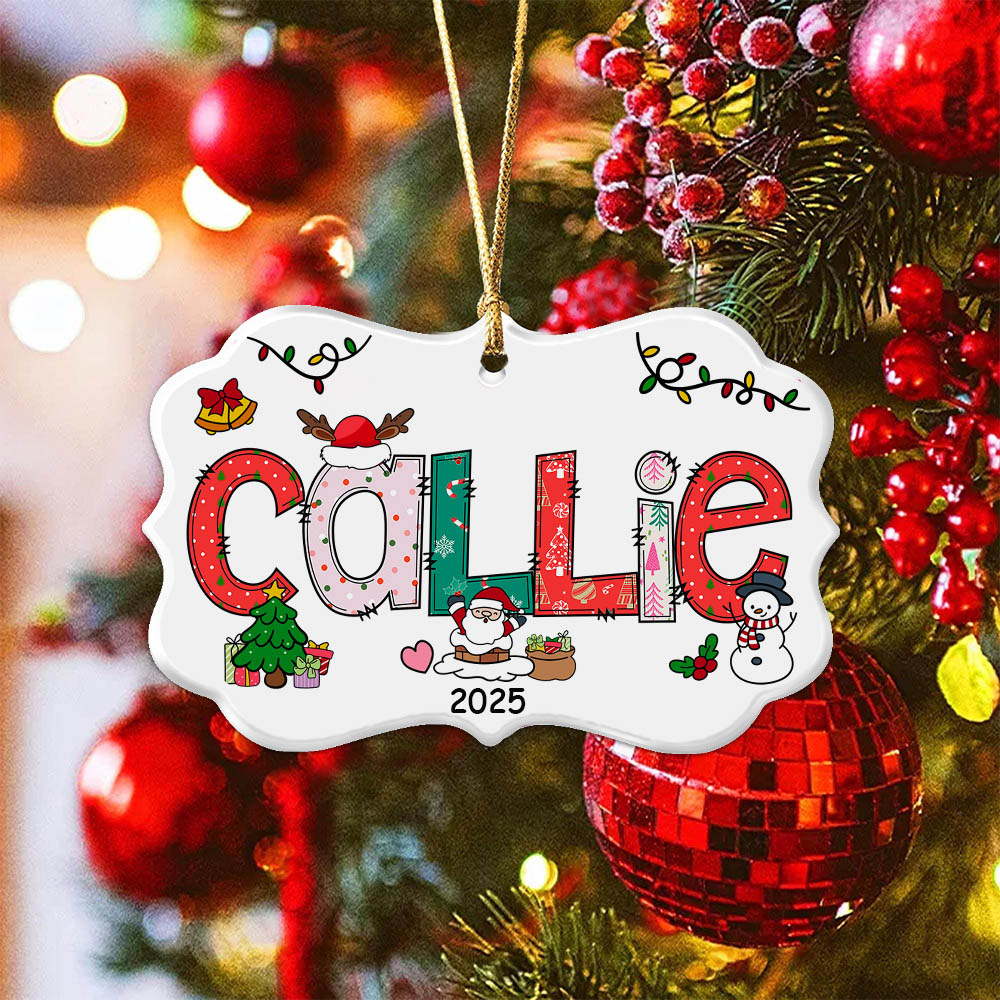 Bonhomme de Neige Personnalisé Arbre de Noël Lettre Doodle Ornement de Noël en céramique avec Nom Année et 3 Lanyards Décoration de la maison de Noël Cadeau pour la famille