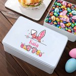 Personalized Cute Easter Bunny Ears Eggs Bow Food-grade Metal Biscuit Tin Storage Box with Name Easter Party Favor Gift for Kids