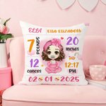 Personalized Cartoon Baby Birth Announcement Soft Throw Pillow Cover with Name Nursery Room Decor Birthday Baby Shower Gift for Newborn