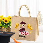 Personalized Cartoon Graduate Character Large Jute Tote Bag with Name Graduation Birthday Gift for Women Girls