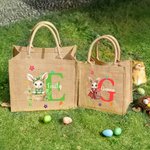 Personalized Watercolor Bunny Cute Rabbit Floral Initial Large Jute Tote Bag with Name Easter Egg Hunt Basket Holiday Party Favors Gift for Kids