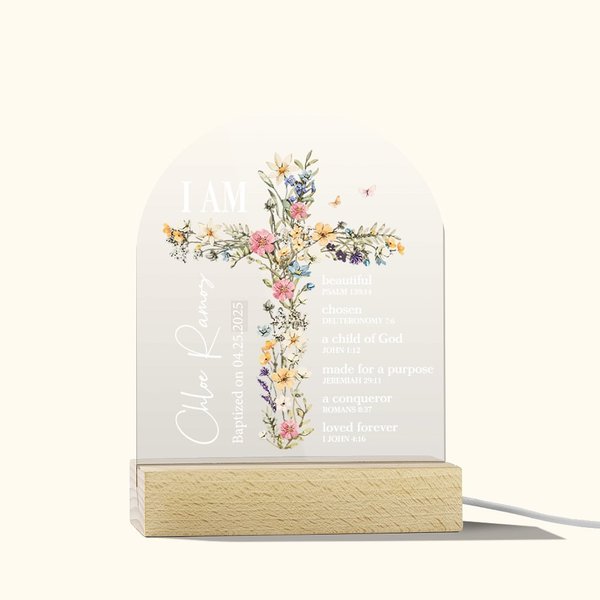 Veilleuse LED à 4 couleurs changeantes avec socle en bois Décoration de chambre d'enfant Première Communion Baptême Cadeau pour enfants