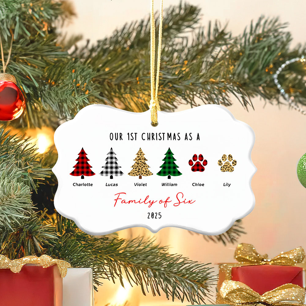 Ornement de Noël personnalisé en céramique avec 2-6 noms année et corde Cadeau de décoration de Noël pour la famille