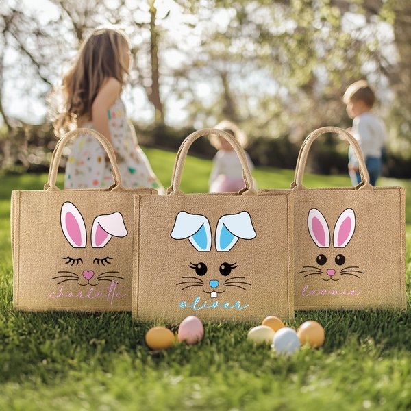 Gepersonaliseerde schattige paashaas gezicht herbruikbare jute tas met naam Party Favor Pasen jacht verjaardagscadeau voor kinderen familie