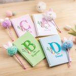 Personalized Cute Bunny Initial A5 Spiral Lined Notebook and Pom Puff Pen Set with Name Birthday Easter Gift for Boys Girls