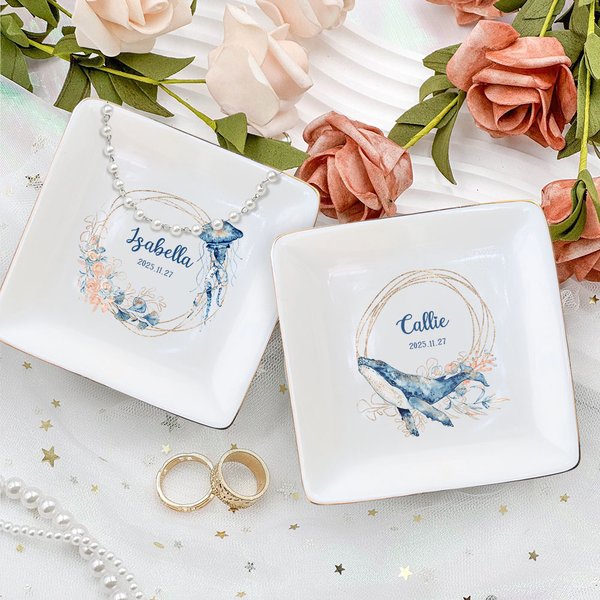 Baleine Méduse Animal Marin Carré en Céramique Plat à Bijoux avec Nom Cadeau d'Anniversaire pour Femme