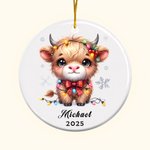 Personalised Cute Christmas Lights Highland Cow Double-sided Ceramic Ornament with Photo and Name Year Holiday Tree Decor Birthday Gift for Kids