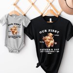 Personalized Cute Highland Cow 100% Cotton Baby Onesie T-shirt Parent-child Clothing with Name and Year First Father's Day Gift for Newborn New Dad