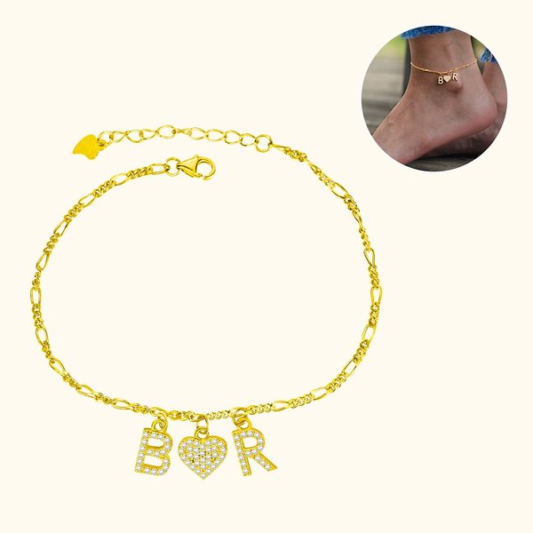 Adjustable Figaro Anklet with Heart Crystal Initials