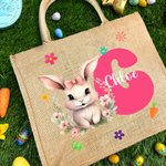 Personalized Watercolor Bunny Cute Rabbit Floral Initial Large Jute Tote Bag with Name Easter Egg Hunt Basket Holiday Party Favors Gift for Kids