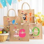 Personalized Watercolor Bunny Cute Rabbit Floral Initial Large Jute Tote Bag with Name Easter Egg Hunt Basket Holiday Party Favors Gift for Kids