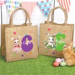 Personalized Watercolor Bunny Cute Rabbit Floral Initial Large Jute Tote Bag with Name Easter Egg Hunt Basket Holiday Party Favors Gift for Kids